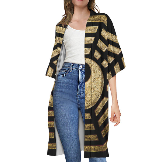Gold Bagua Yin Yang Print Open Front Beach Cover Up