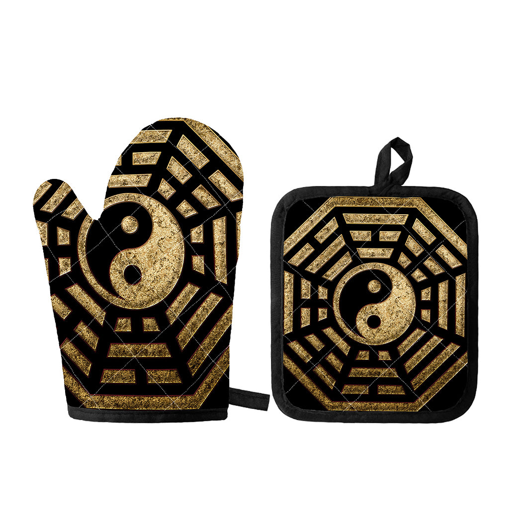 Gold Bagua Yin Yang Print Oven Mitt And Pot Holder Set