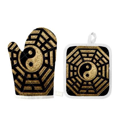 Gold Bagua Yin Yang Print Oven Mitt And Pot Holder Set