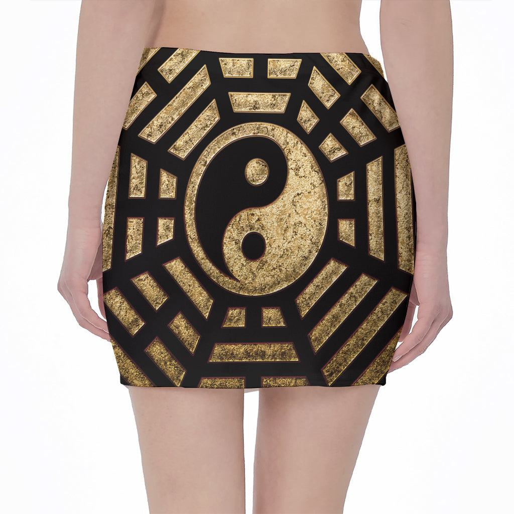 Gold Bagua Yin Yang Print Pencil Mini Skirt