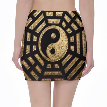 Gold Bagua Yin Yang Print Pencil Mini Skirt