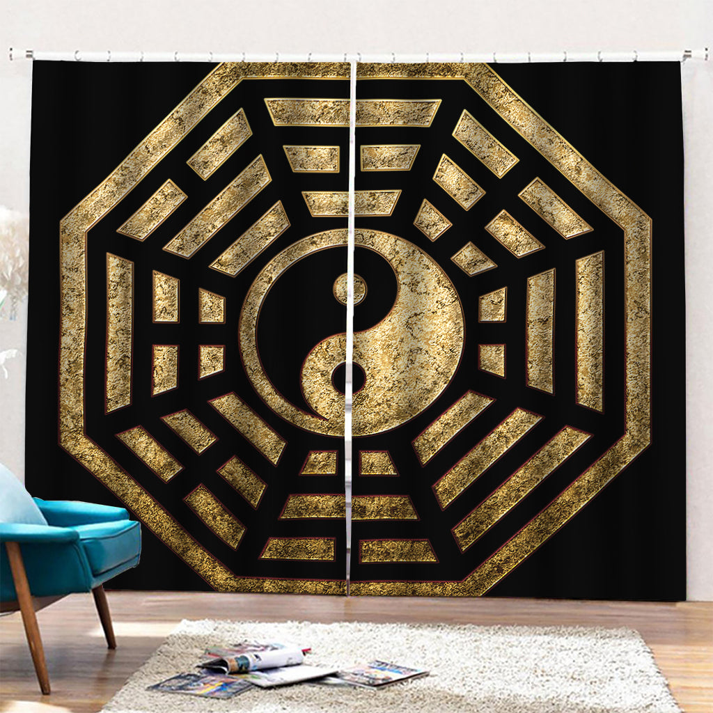 Gold Bagua Yin Yang Print Pencil Pleat Curtains