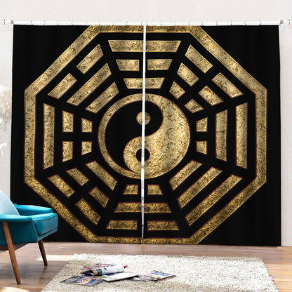 Gold Bagua Yin Yang Print Pencil Pleat Curtains