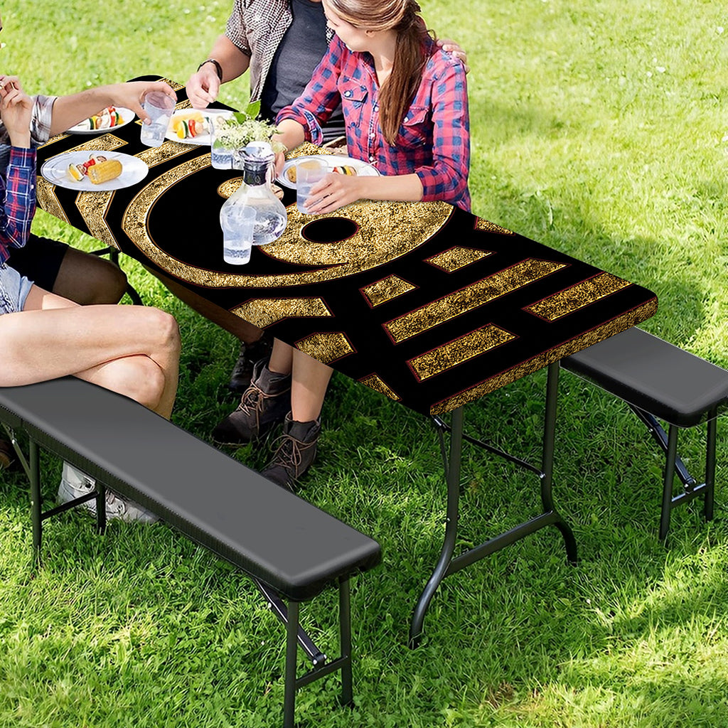 Gold Bagua Yin Yang Print Picnic Table Cover
