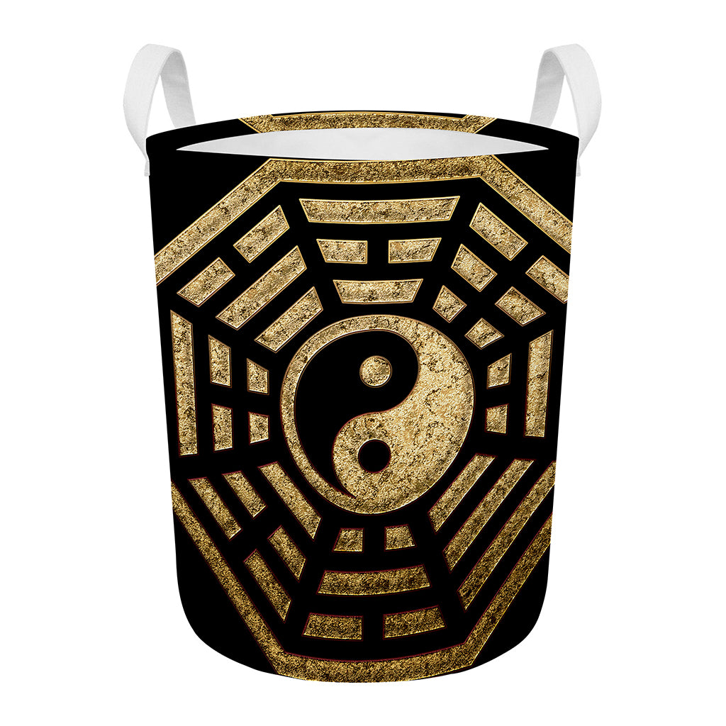 Gold Bagua Yin Yang Print Round Laundry Basket