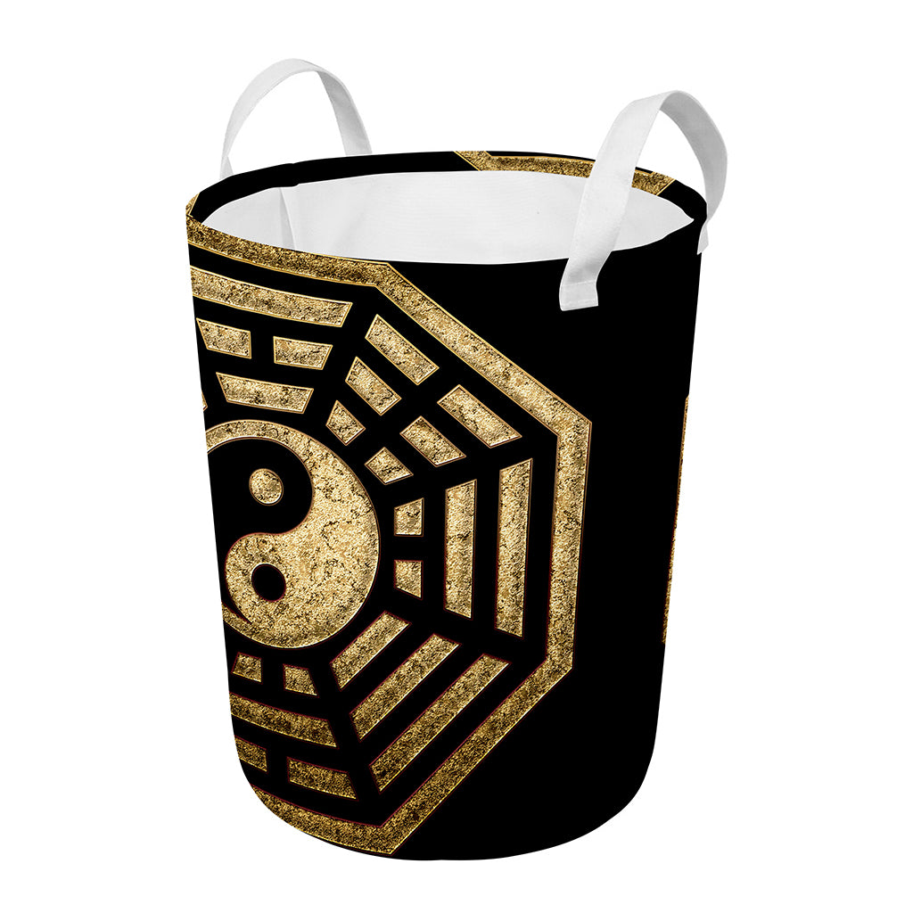 Gold Bagua Yin Yang Print Round Laundry Basket