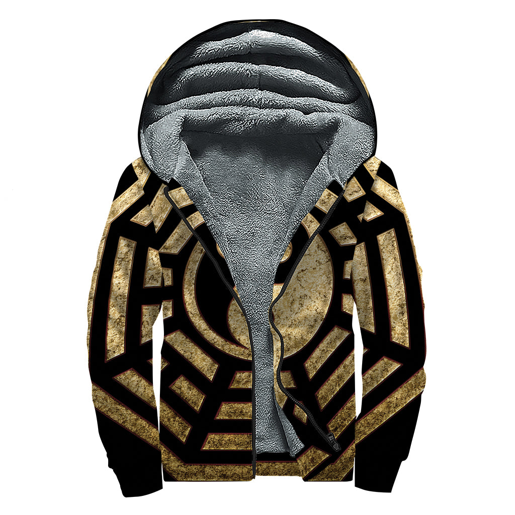 Gold Bagua Yin Yang Print Sherpa Lined Zip Up Hoodie