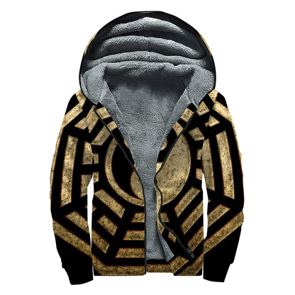 Gold Bagua Yin Yang Print Sherpa Lined Zip Up Hoodie