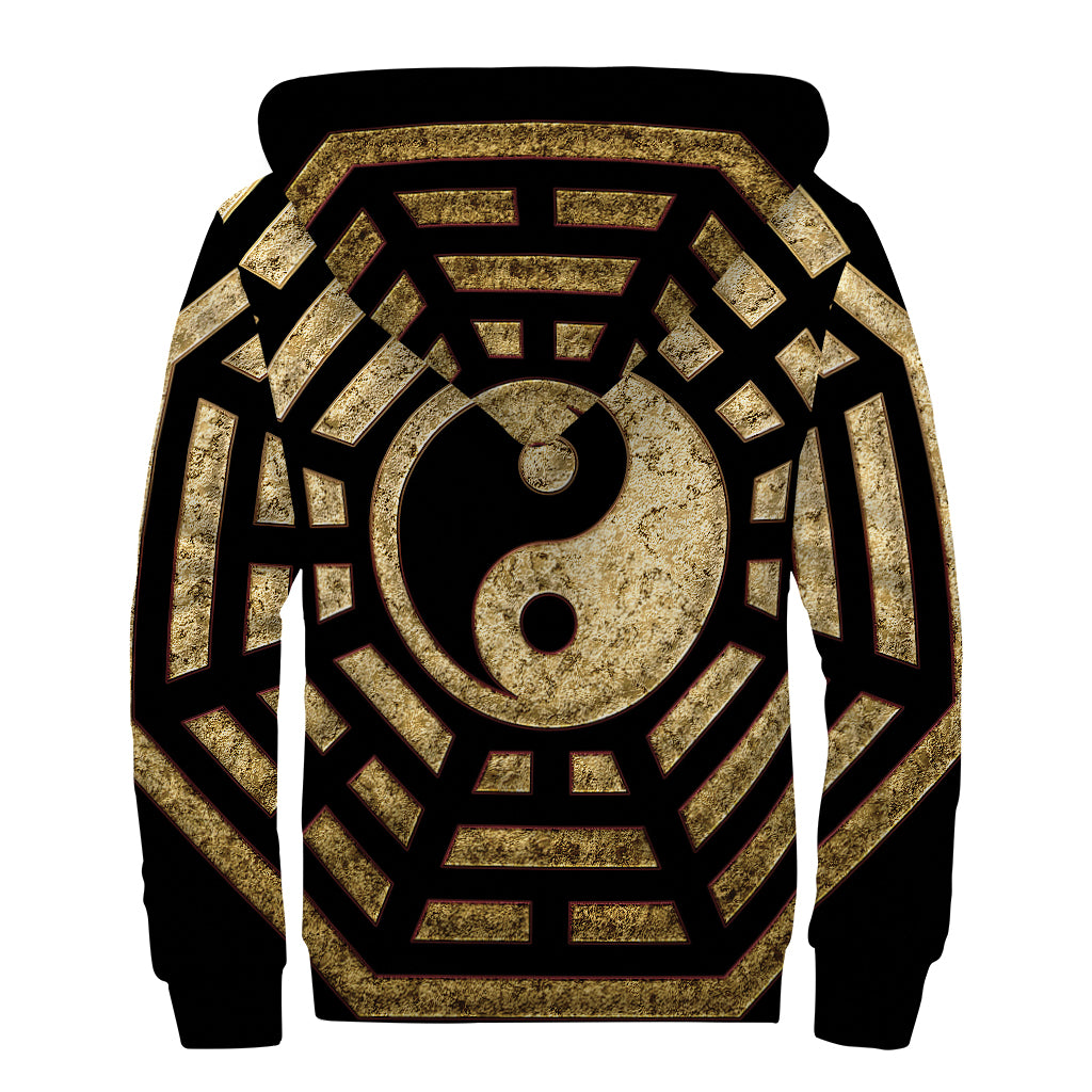 Gold Bagua Yin Yang Print Sherpa Lined Zip Up Hoodie