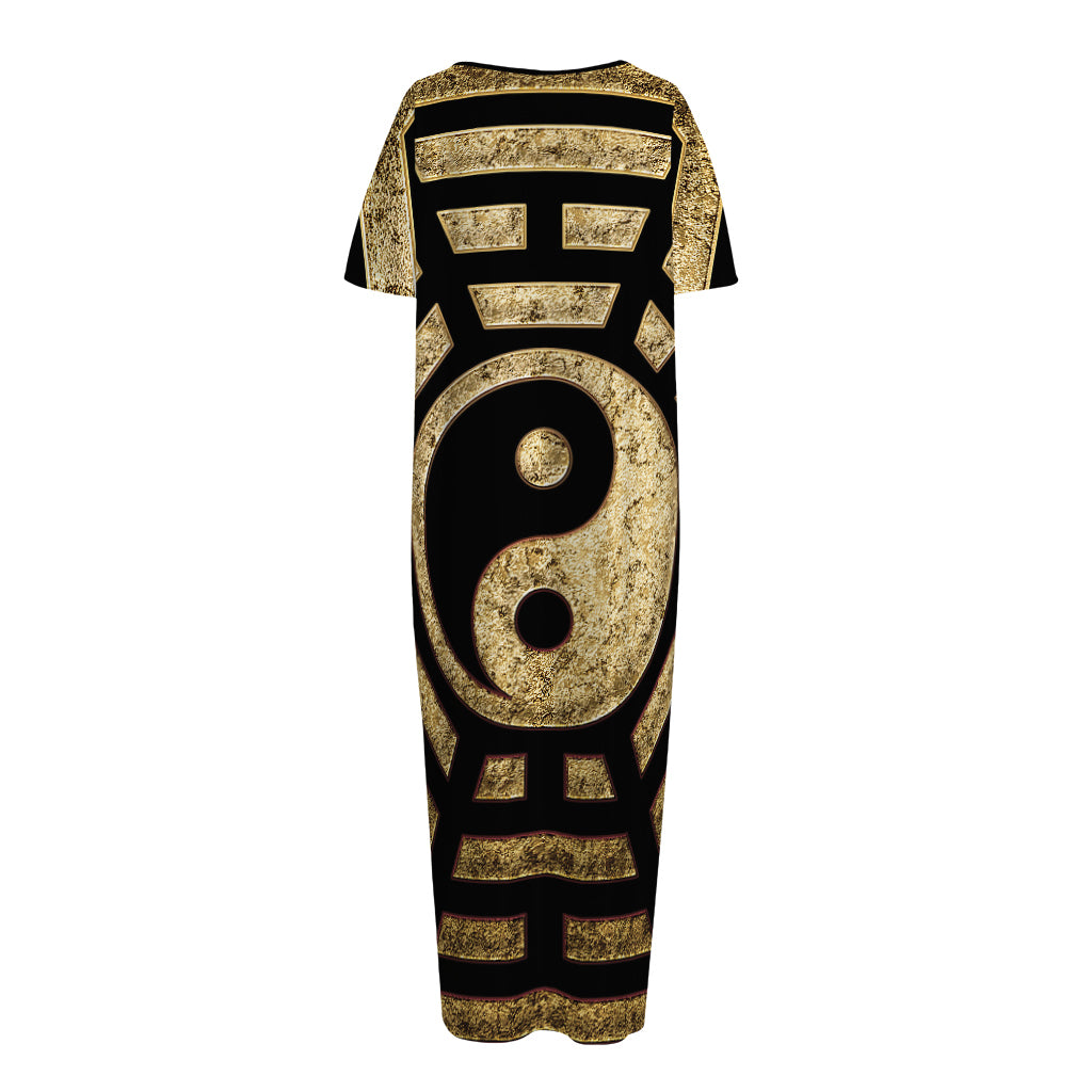 Gold Bagua Yin Yang Print Short Sleeve Long Nightdress