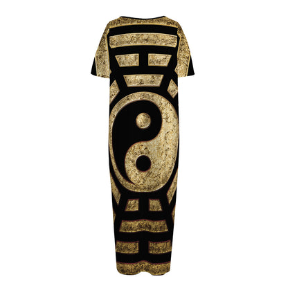 Gold Bagua Yin Yang Print Short Sleeve Long Nightdress