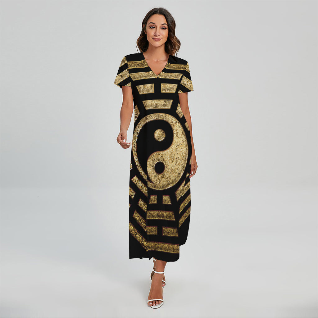 Gold Bagua Yin Yang Print Short Sleeve Maxi Dress