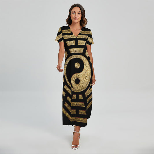 Gold Bagua Yin Yang Print Short Sleeve Maxi Dress