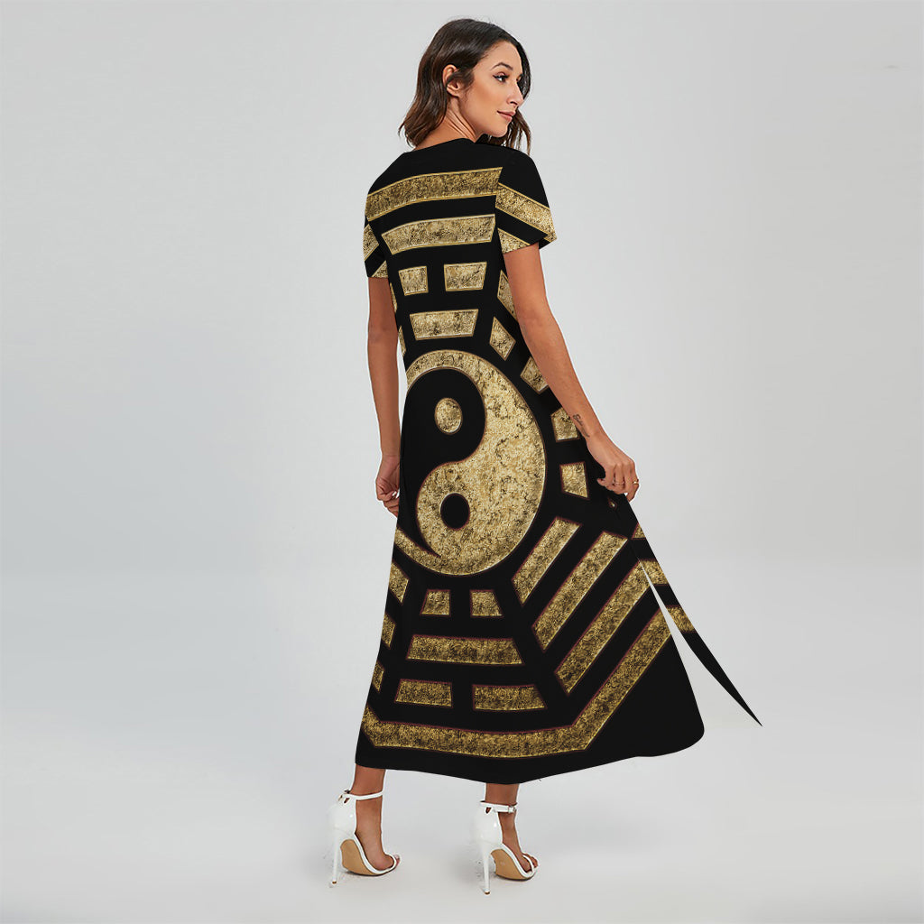 Gold Bagua Yin Yang Print Short Sleeve Maxi Dress