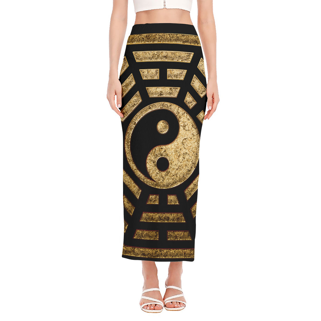Gold Bagua Yin Yang Print Side Slit Maxi Skirt