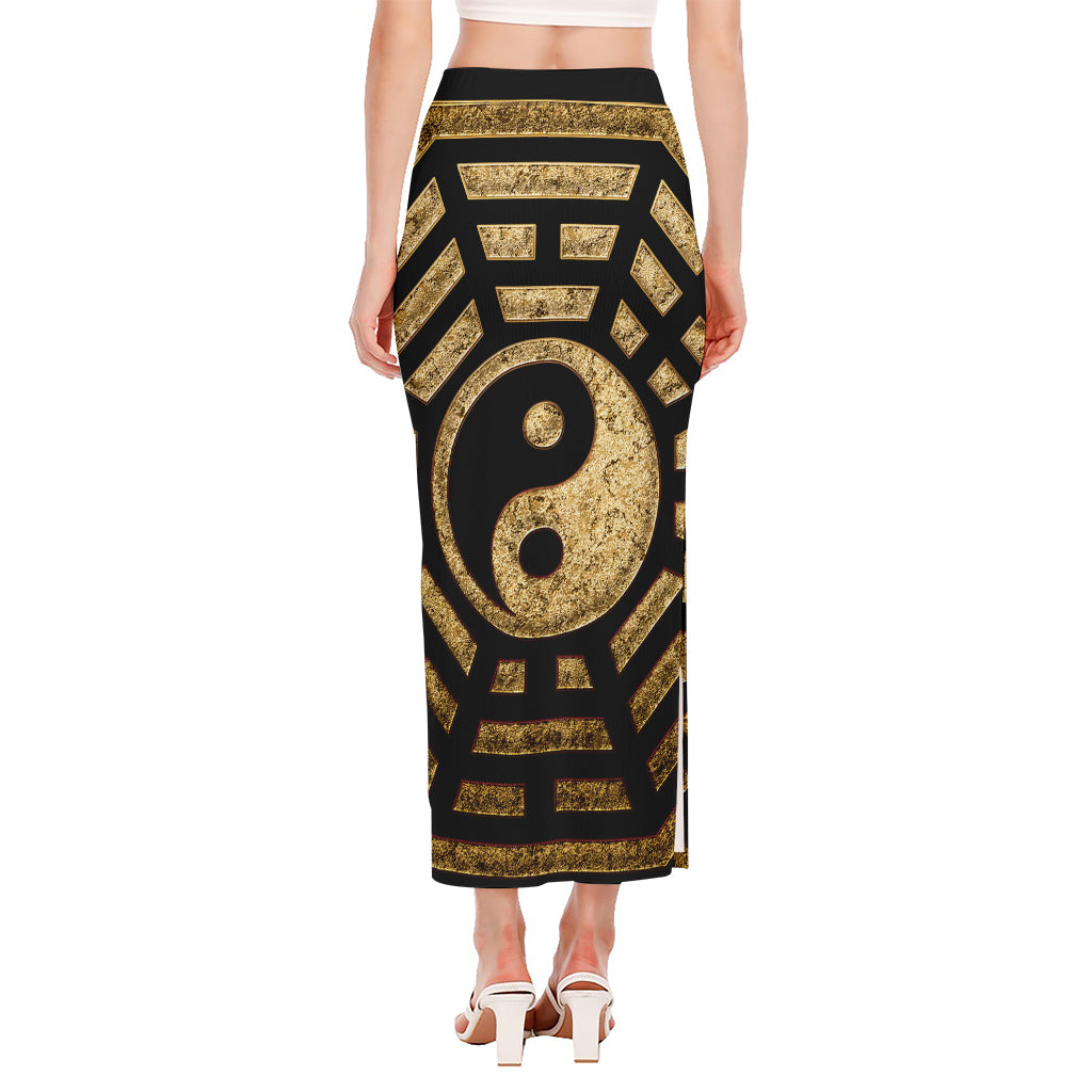 Gold Bagua Yin Yang Print Side Slit Maxi Skirt