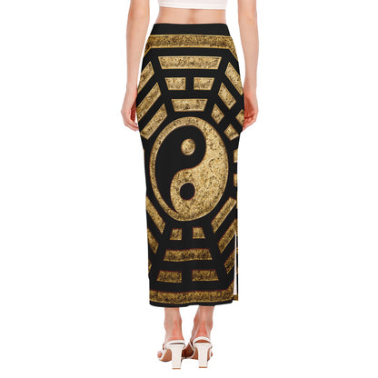 Gold Bagua Yin Yang Print Side Slit Maxi Skirt