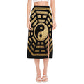Gold Bagua Yin Yang Print Side Slit Midi Skirt