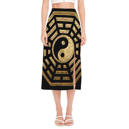 Gold Bagua Yin Yang Print Side Slit Midi Skirt