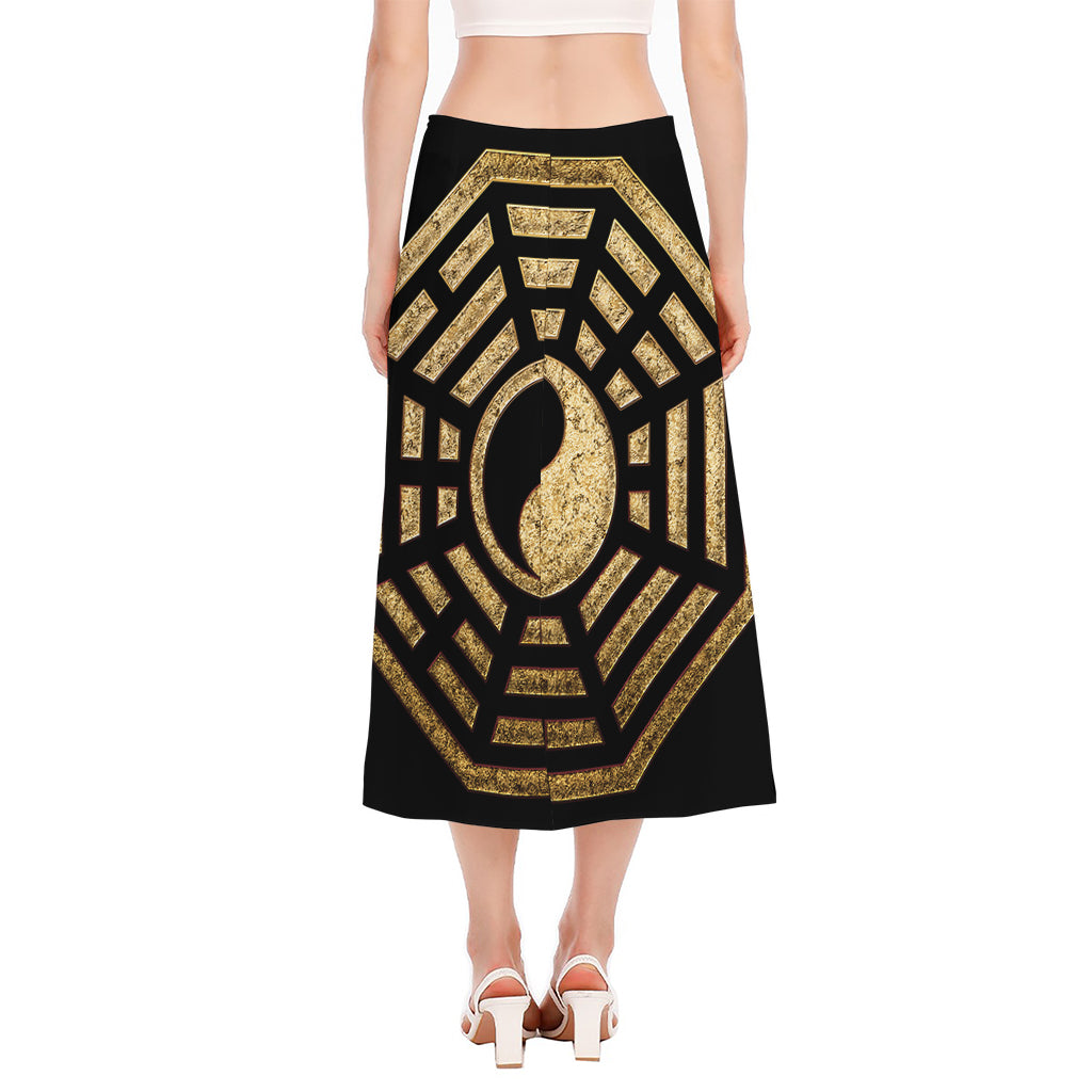 Gold Bagua Yin Yang Print Side Slit Midi Skirt