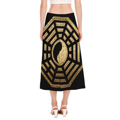 Gold Bagua Yin Yang Print Side Slit Midi Skirt