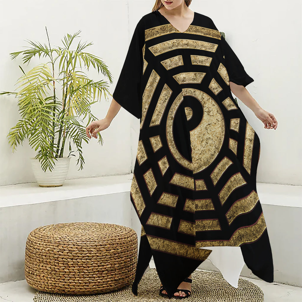 Gold Bagua Yin Yang Print Silk V-Neck Kaftan Dress