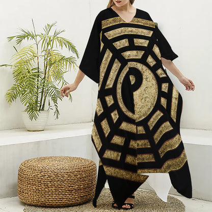 Gold Bagua Yin Yang Print Silk V-Neck Kaftan Dress