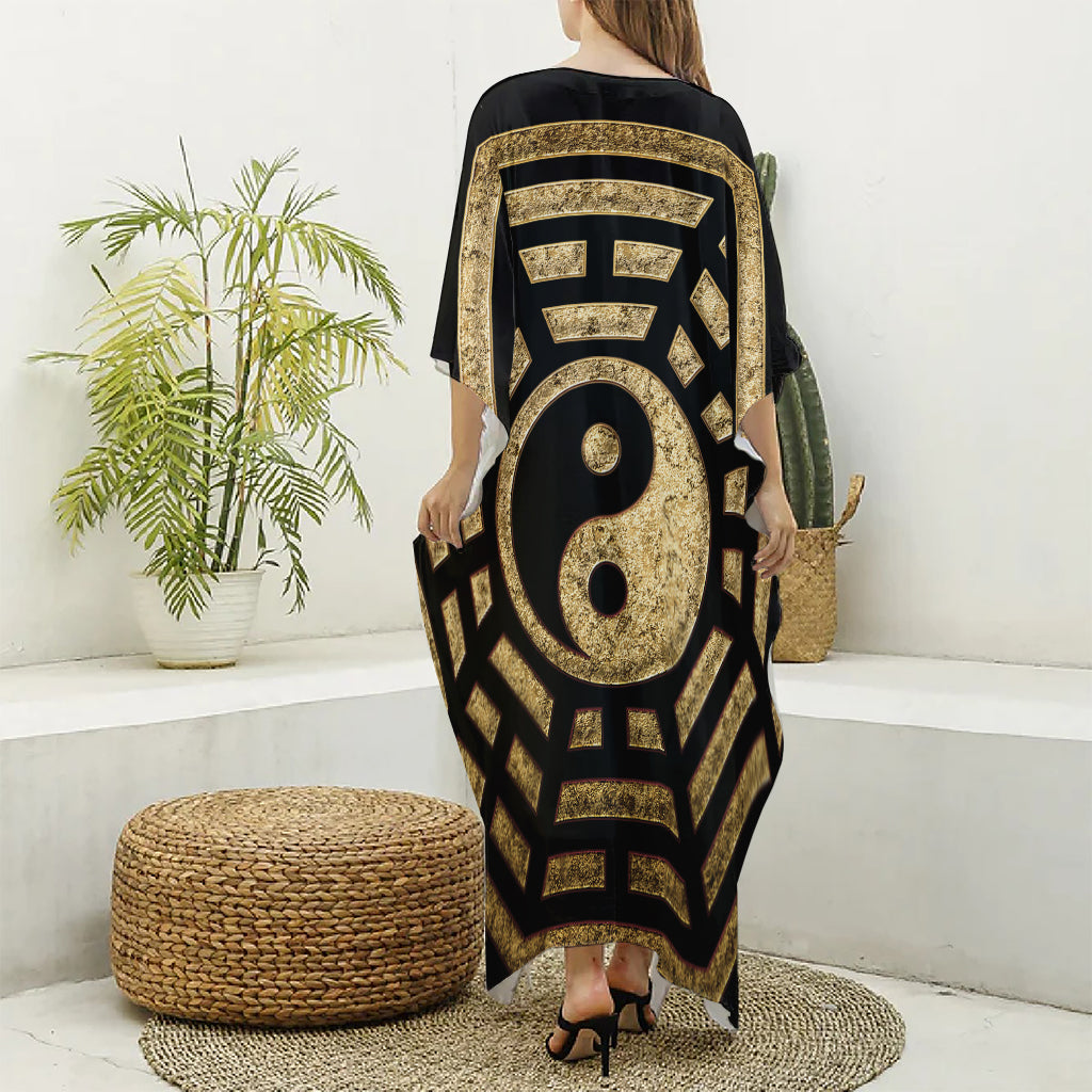 Gold Bagua Yin Yang Print Silk V-Neck Kaftan Dress