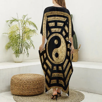 Gold Bagua Yin Yang Print Silk V-Neck Kaftan Dress