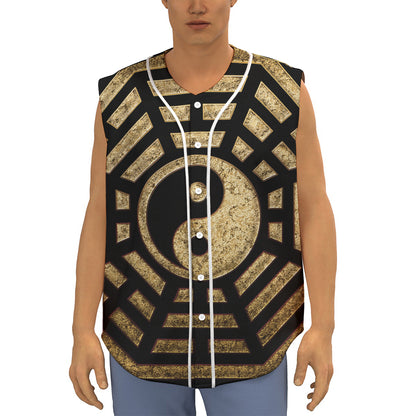 Gold Bagua Yin Yang Print Sleeveless Baseball Jersey