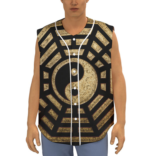 Gold Bagua Yin Yang Print Sleeveless Baseball Jersey