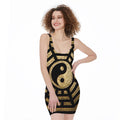 Gold Bagua Yin Yang Print Sleeveless Bodycon Dress