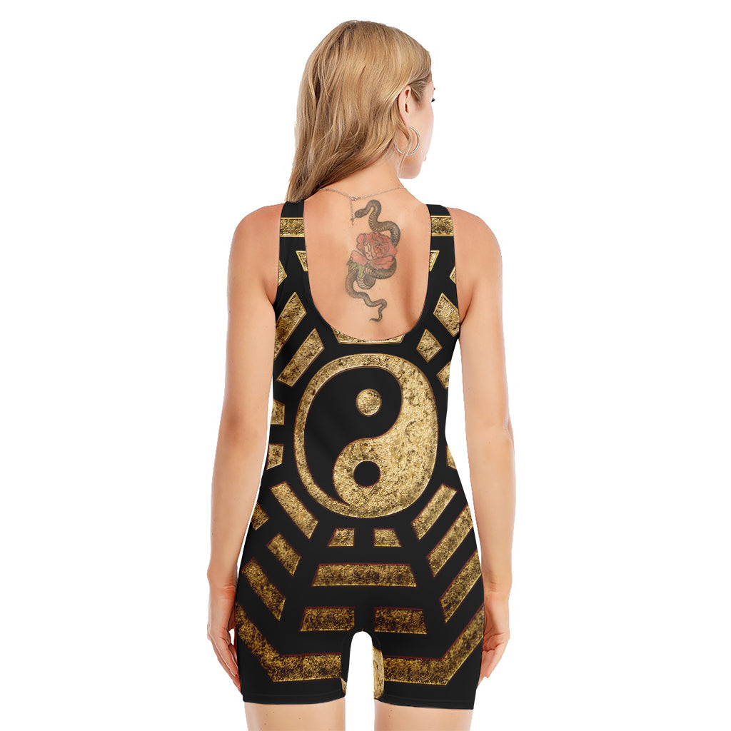 Gold Bagua Yin Yang Print Sleeveless One Piece Swimsuit