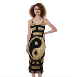 Gold Bagua Yin Yang Print Slim Fit Midi Cami Dress