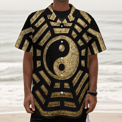 Gold Bagua Yin Yang Print Textured Short Sleeve Shirt