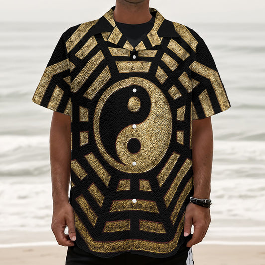 Gold Bagua Yin Yang Print Textured Short Sleeve Shirt