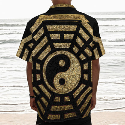 Gold Bagua Yin Yang Print Textured Short Sleeve Shirt