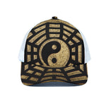 Gold Bagua Yin Yang Print White Mesh Trucker Cap