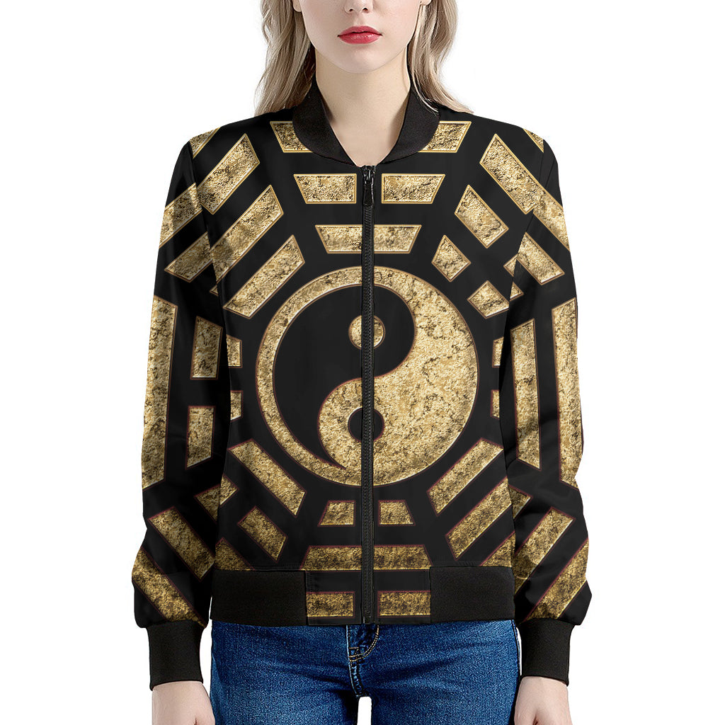 Gold Bagua Yin Yang Print Women's Bomber Jacket