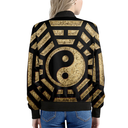 Gold Bagua Yin Yang Print Women's Bomber Jacket