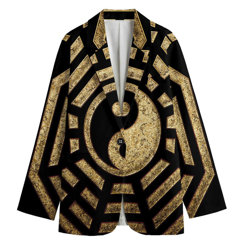Gold Bagua Yin Yang Print Women's Cotton Blazer