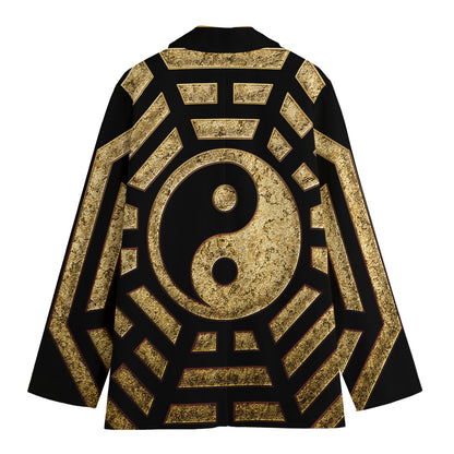 Gold Bagua Yin Yang Print Women's Cotton Blazer