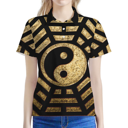 Gold Bagua Yin Yang Print Women's Polo Shirt