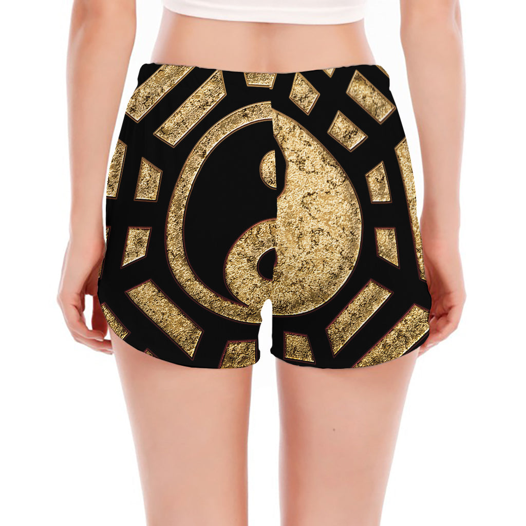 Gold Bagua Yin Yang Print Women's Split Running Shorts