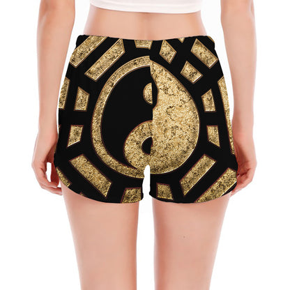 Gold Bagua Yin Yang Print Women's Split Running Shorts