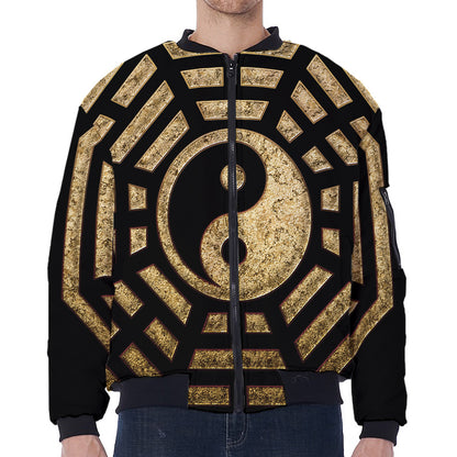Gold Bagua Yin Yang Print Zip Sleeve Bomber Jacket