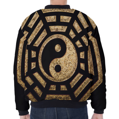 Gold Bagua Yin Yang Print Zip Sleeve Bomber Jacket