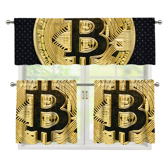 Gold Bitcoin Symbol Print 3 Piece Kitchen Curtains