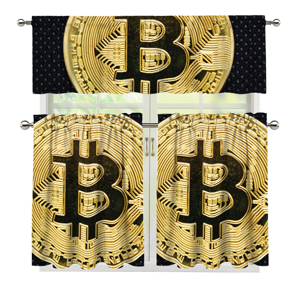 Gold Bitcoin Symbol Print 3 Piece Kitchen Curtains