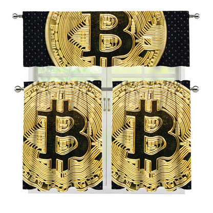 Gold Bitcoin Symbol Print 3 Piece Kitchen Curtains